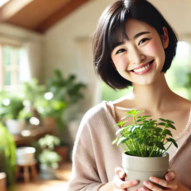 観葉植物を抱えた優しそうな広瀬すず似の女性