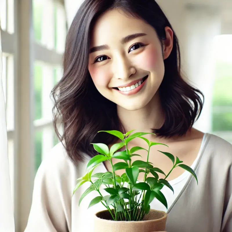 観葉植物を抱えた優しそうな広末涼子似の女性