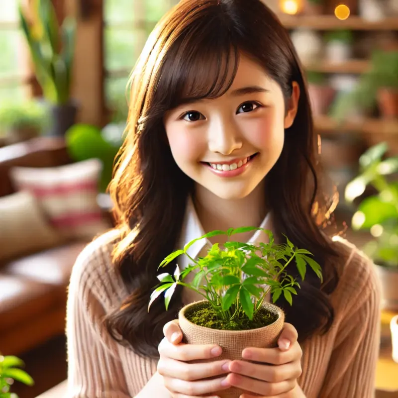 松岡茉優似の植物を抱えて微笑む女性