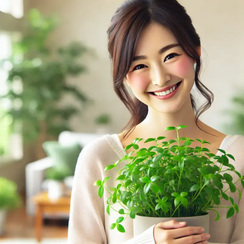 観葉植物を抱えて微笑む小芝風花似の女性